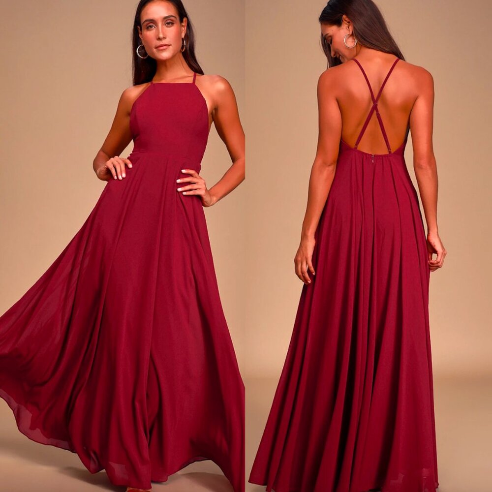☀️ LULUS Mythical Kind of Love Wine Red Maxi Dress Burgundy Maroon Small